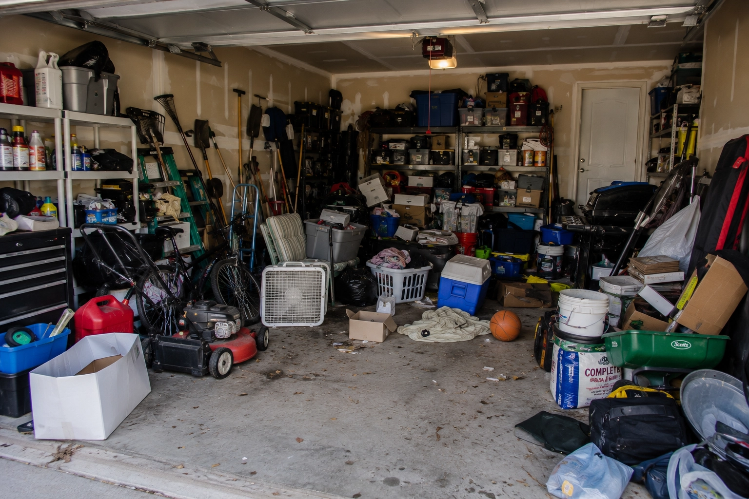 Sarasota property before Anchor Services garage cleanouts — Single-bay garage packed wall to wall — hauled out, shelved and broom-clean the same day.