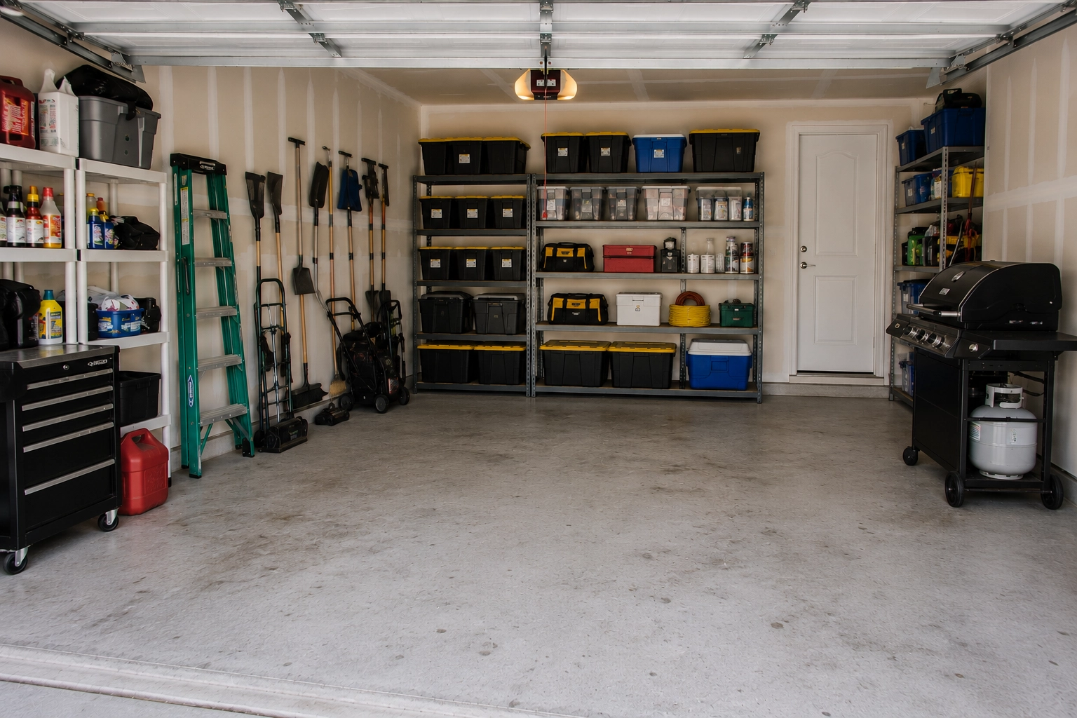 Clean Sarasota property after Anchor Services garage cleanouts — Single-bay garage packed wall to wall — hauled out, shelved and broom-clean the same day.