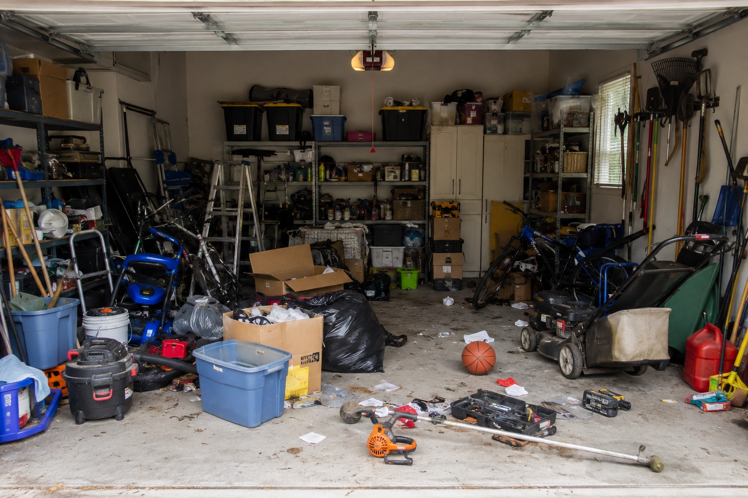 Sarasota property before Anchor Services garage cleanouts — Two-car garage in Sarasota — cleared, sorted and swept in a single visit.